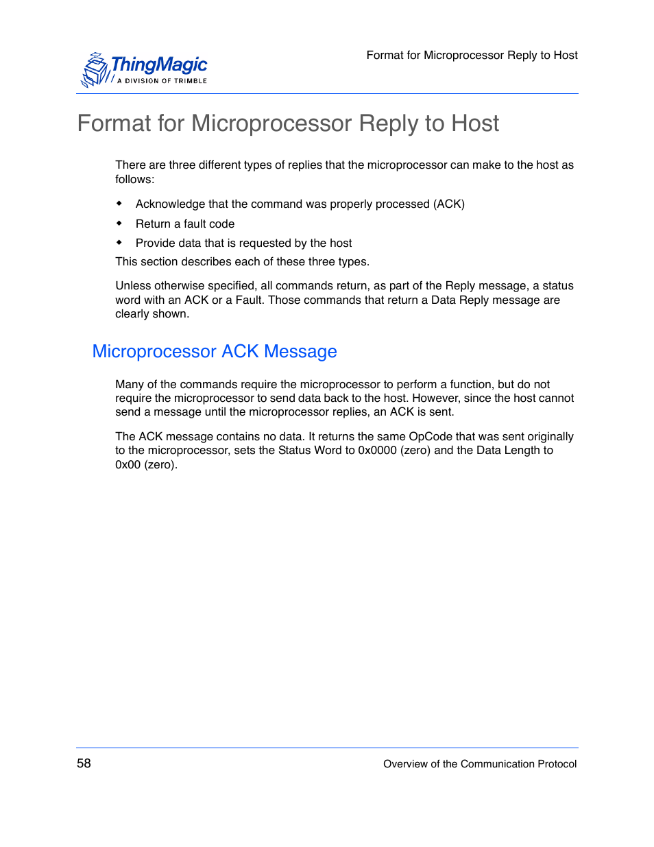 Format for microprocessor reply to host, Microprocessor ack message | ThingMagic M5e-Compact User Manual | Page 58 / 252