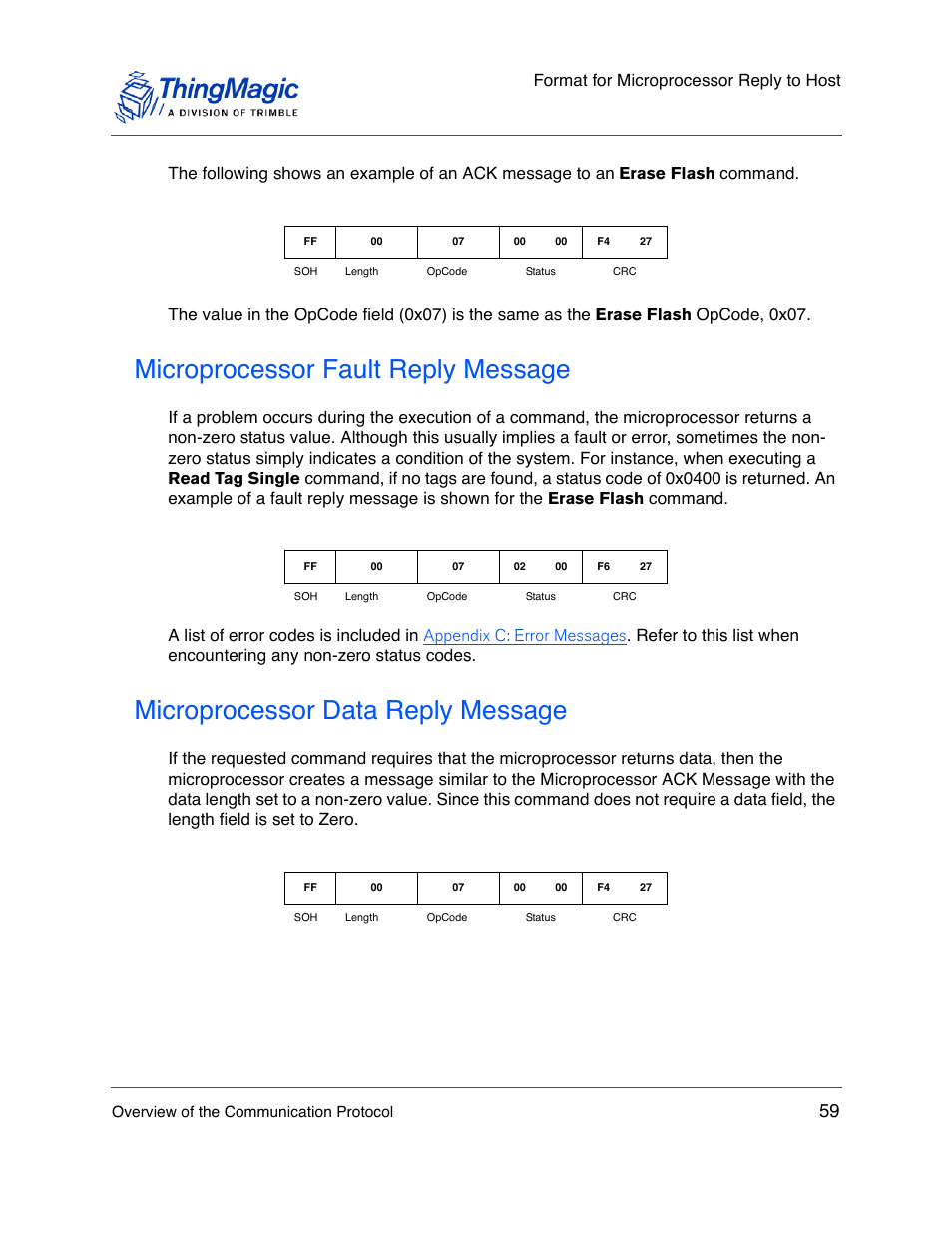 Microprocessor fault reply message, Microprocessor data reply message, Format for microprocessor reply to host | ThingMagic M5e-Compact User Manual | Page 59 / 252