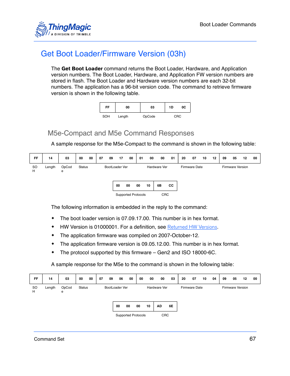 Get boot loader/firmware version (03h), M5e-compact and m5e command responses, Boot loader commands | ThingMagic M5e-Compact User Manual | Page 67 / 252