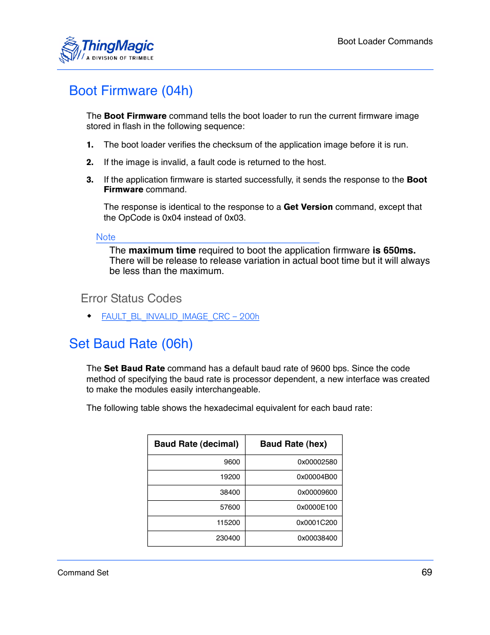 Boot firmware (04h), Error status codes, Set baud rate (06h) | ThingMagic M5e-Compact User Manual | Page 69 / 252