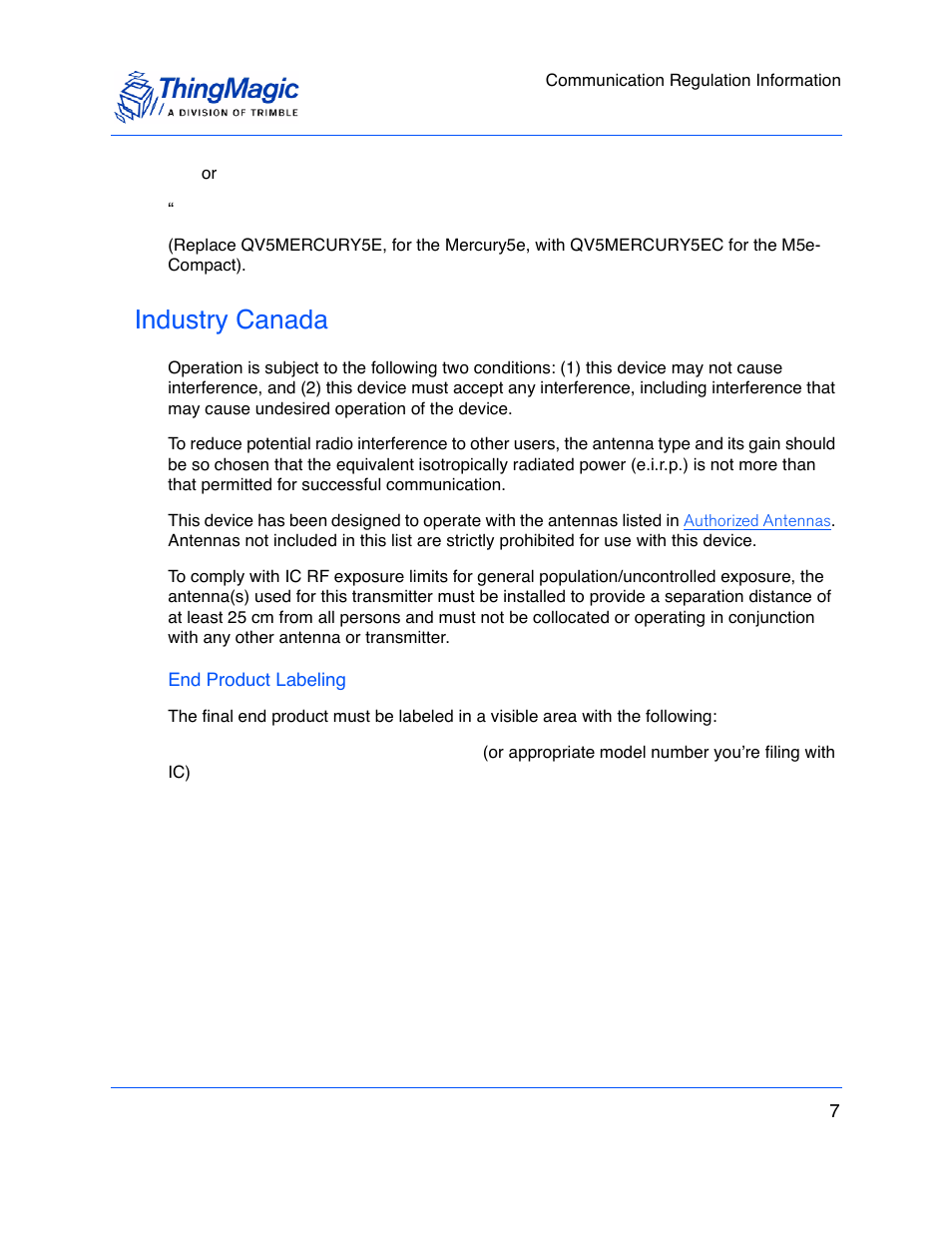 Industry canada, End product labeling | ThingMagic M5e-Compact User Manual | Page 7 / 252