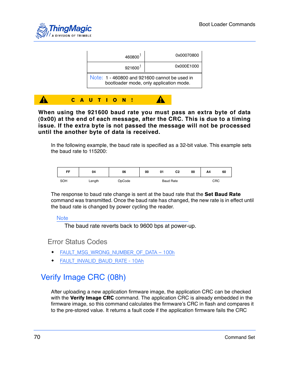 Error status codes, Verify image crc (08h) | ThingMagic M5e-Compact User Manual | Page 70 / 252