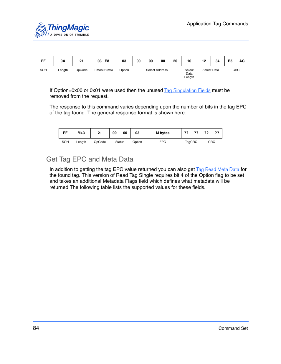 Get tag epc and meta data, Application tag commands | ThingMagic M5e-Compact User Manual | Page 84 / 252