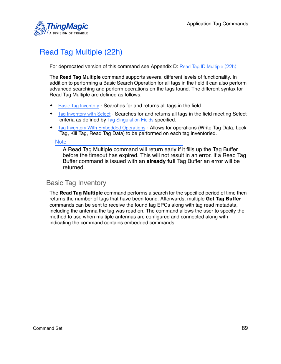 Read tag multiple (22h), Basic tag inventory, Read tag | Multiple (22h) | ThingMagic M5e-Compact User Manual | Page 89 / 252