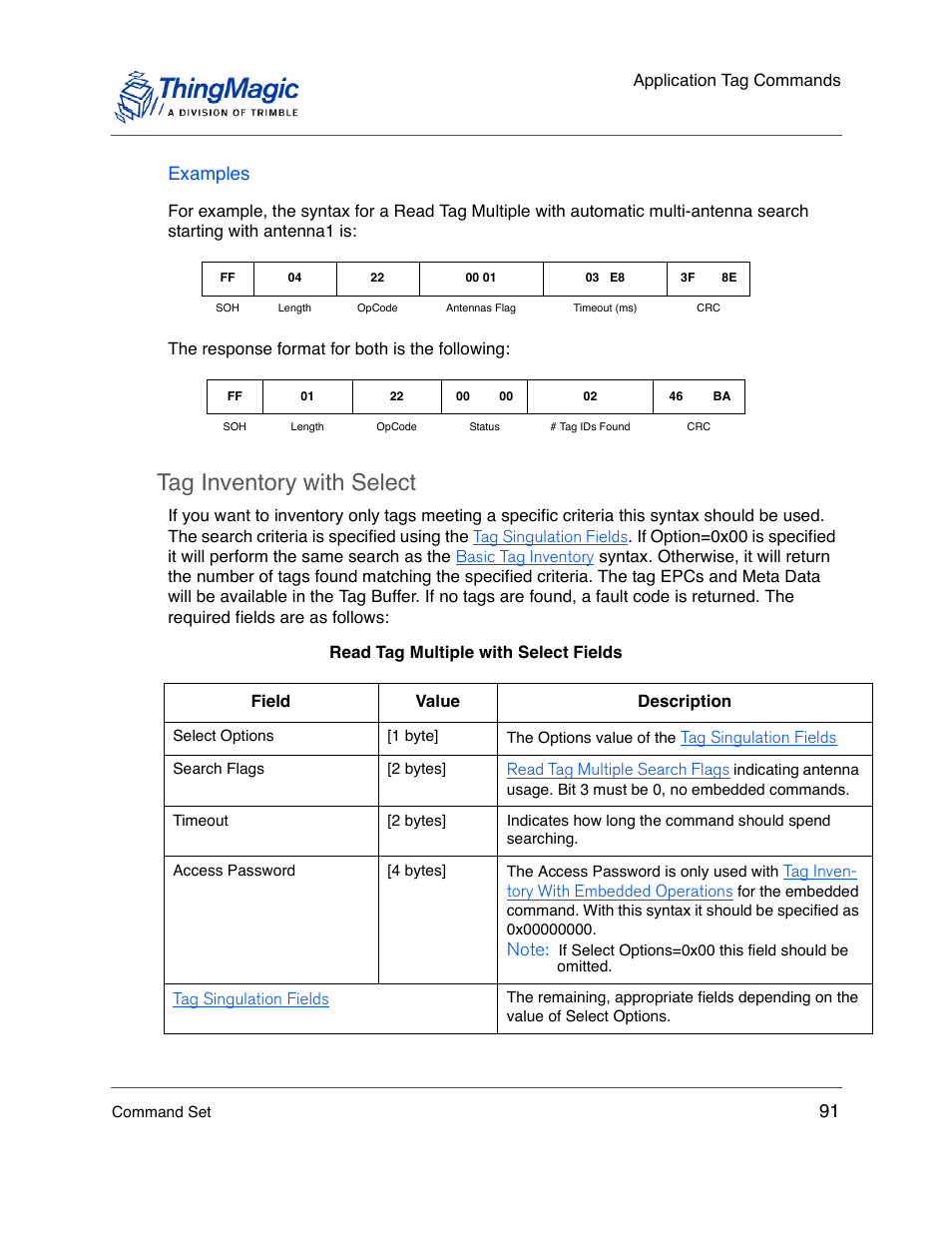 Examples, Tag inventory with select, Tag inventory | With select, 91 examples | ThingMagic M5e-Compact User Manual | Page 91 / 252