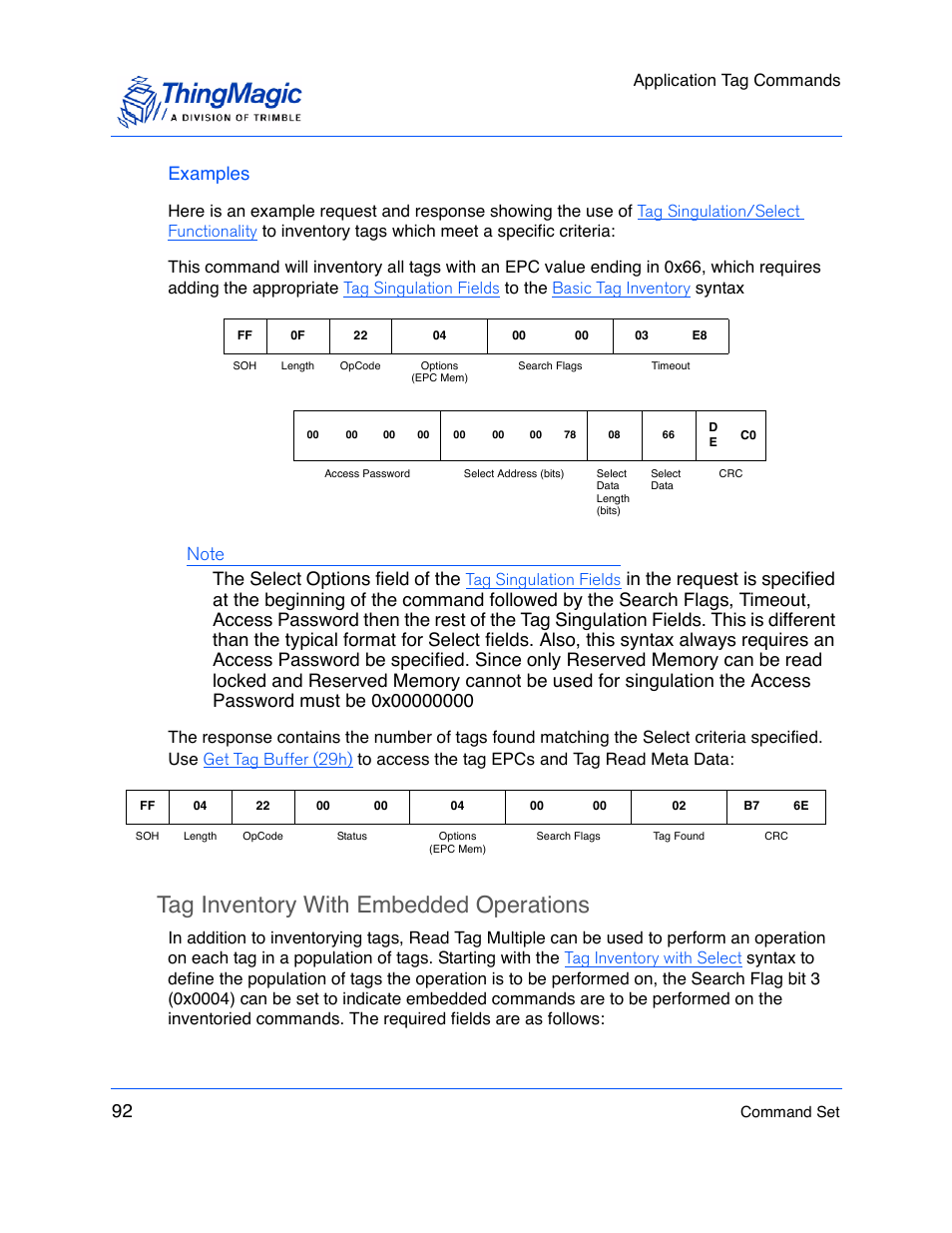 Examples, Tag inventory with embedded operations, Tag inventory with embedded | Operations, Inventory with embedded operations, Tag inven, Tory with embedded operations, Application tag commands, Tag singulation fields | ThingMagic M5e-Compact User Manual | Page 92 / 252