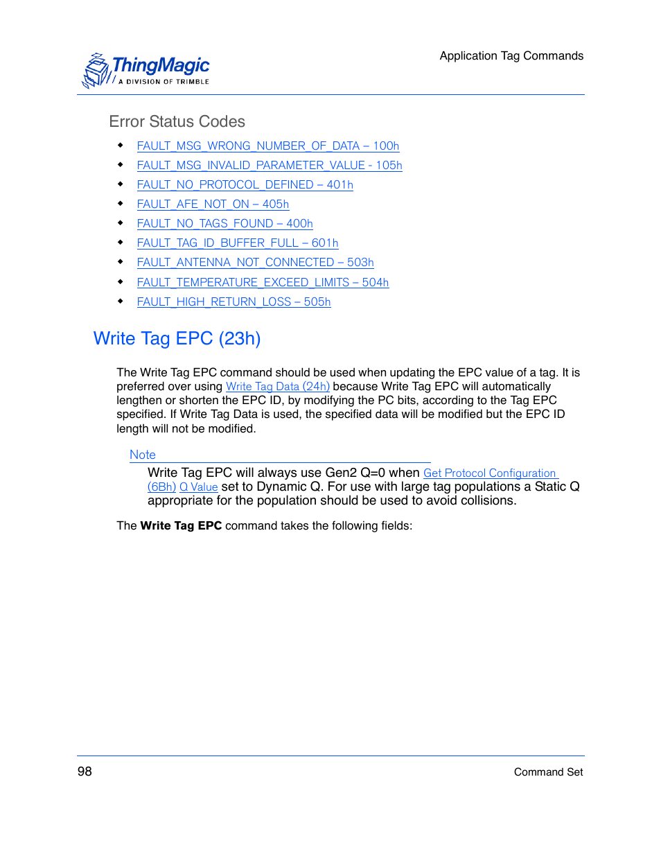 Error status codes, Write tag epc (23h) | ThingMagic M5e-Compact User Manual | Page 98 / 252