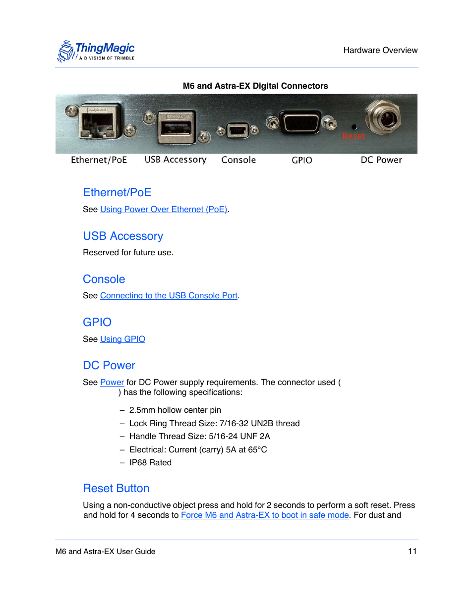 Ethernet/poe, Usb accessory, Console | Gpio, Dc power, Reset button, Ethernet/poe 11, Usb accessory 11, Console 11, Gpio 11 | ThingMagic Astra-EX User Manual | Page 11 / 90