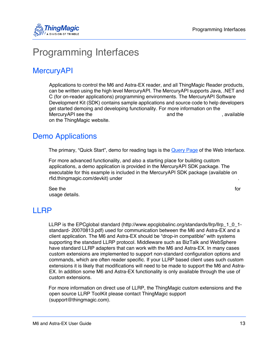 Programming interfaces, Mercuryapi, Demo applications | Llrp, Programming interfaces 13, Mercuryapi 13, Demo applications 13, Llrp 13 | ThingMagic Astra-EX User Manual | Page 13 / 90