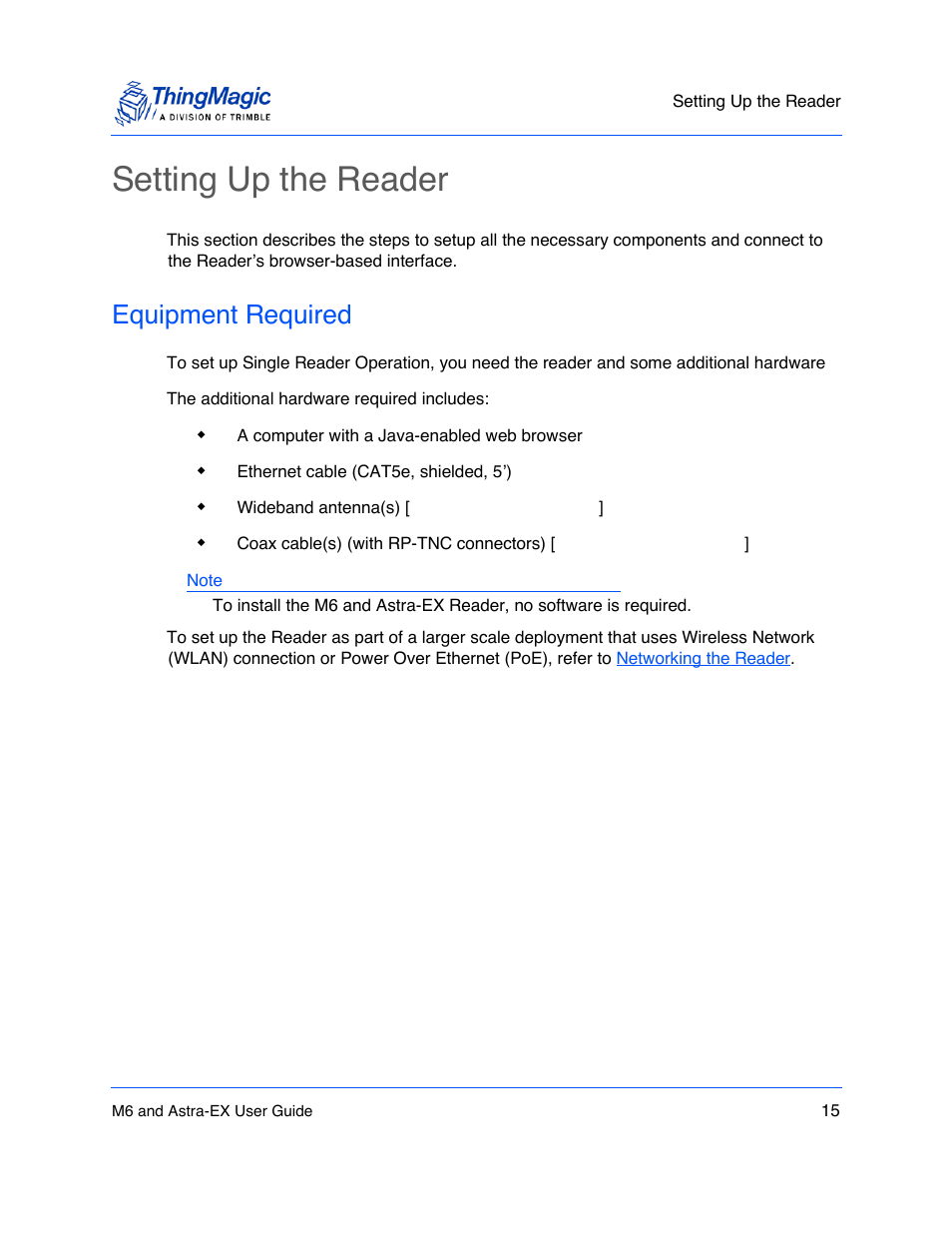 Setting up the reader, Equipment required, Setting up the reader 15 | Equipment required 15 | ThingMagic Astra-EX User Manual | Page 15 / 90