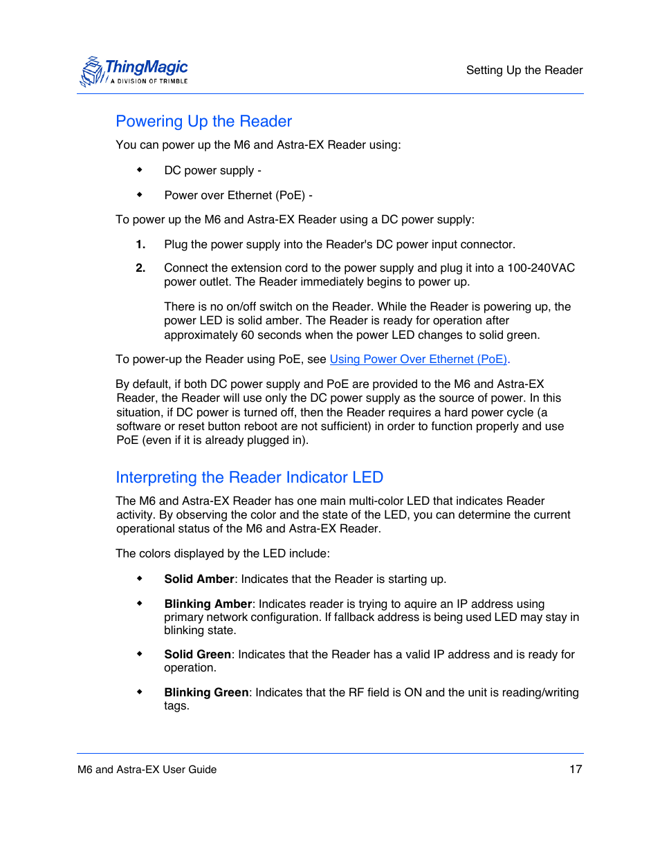 Powering up the reader, Interpreting the reader indicator led, Powering up the reader 17 | Interpreting the reader indicator led 17 | ThingMagic Astra-EX User Manual | Page 17 / 90