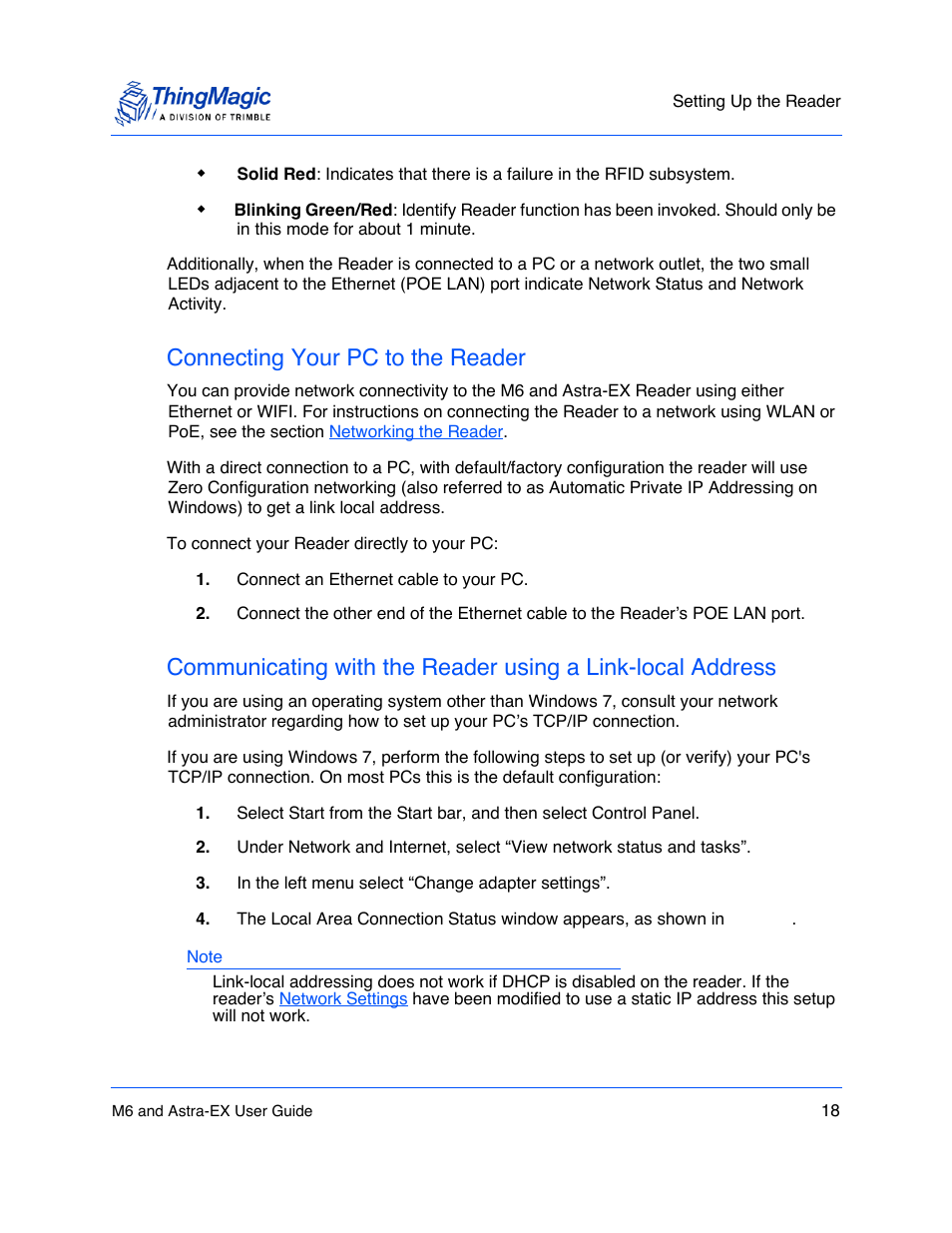 Connecting your pc to the reader, Connecting your pc to the reader 18 | ThingMagic Astra-EX User Manual | Page 18 / 90