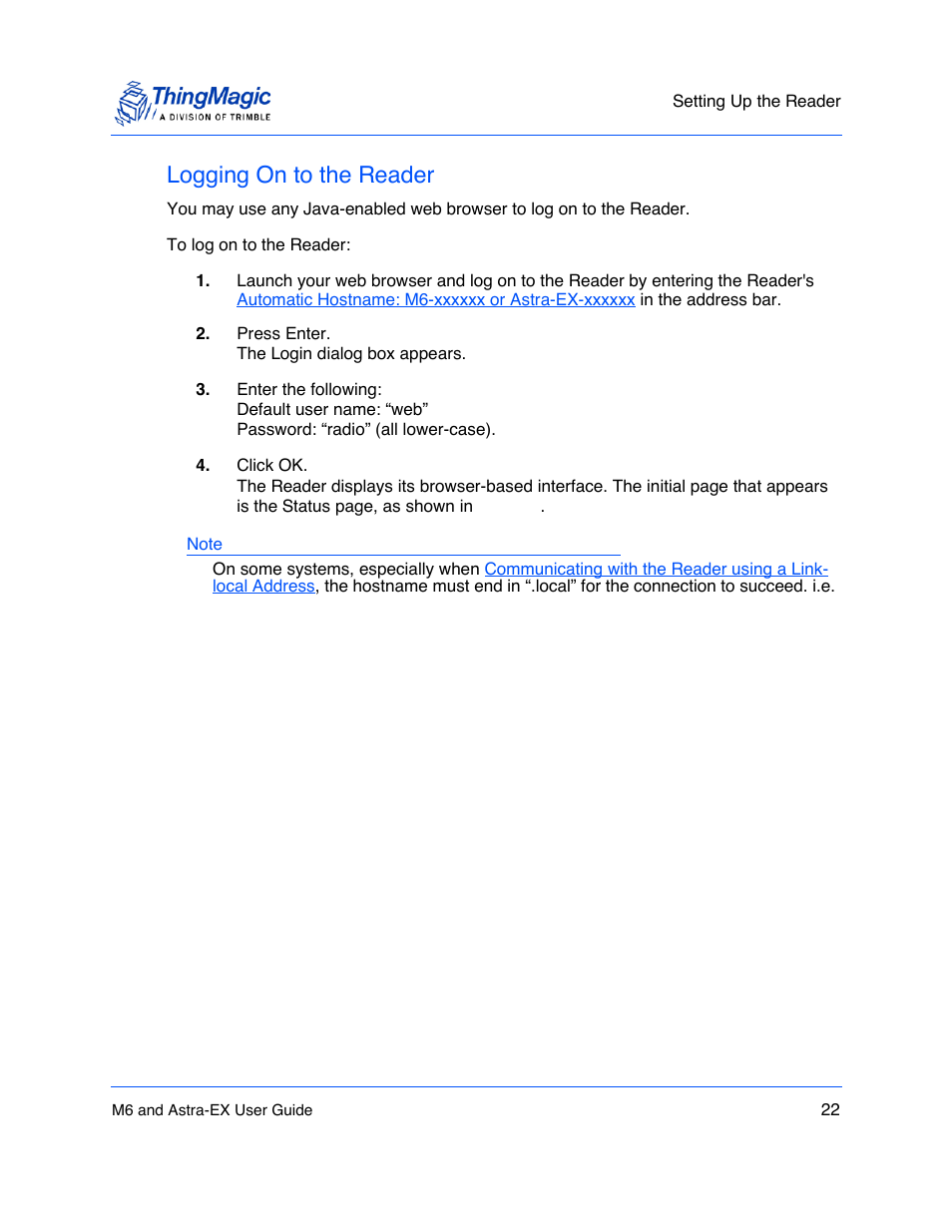 Logging on to the reader, Logging on to the reader 22 | ThingMagic Astra-EX User Manual | Page 22 / 90