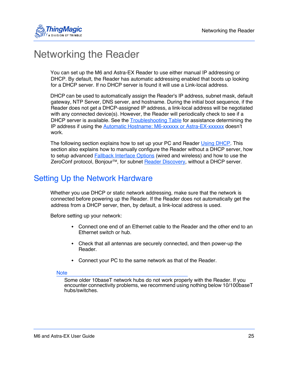 Networking the reader, Setting up the network hardware, Networking the reader 25 | Setting up the network hardware 25, Networking the, Reader | ThingMagic Astra-EX User Manual | Page 25 / 90