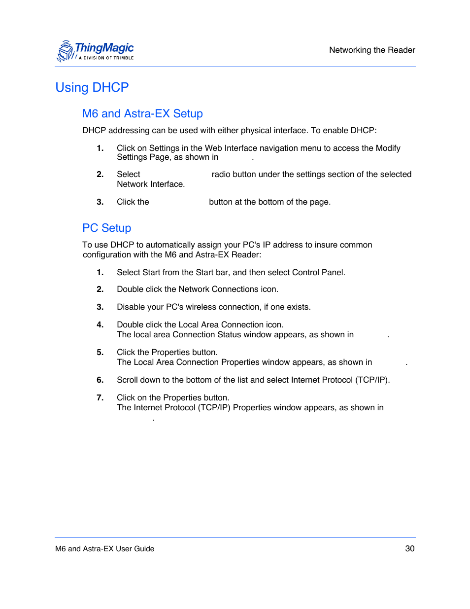 Using dhcp, M6 and astra-ex setup, Pc setup | Using dhcp 30, M6 and astra-ex setup 30, Pc setup 30, This | ThingMagic Astra-EX User Manual | Page 30 / 90