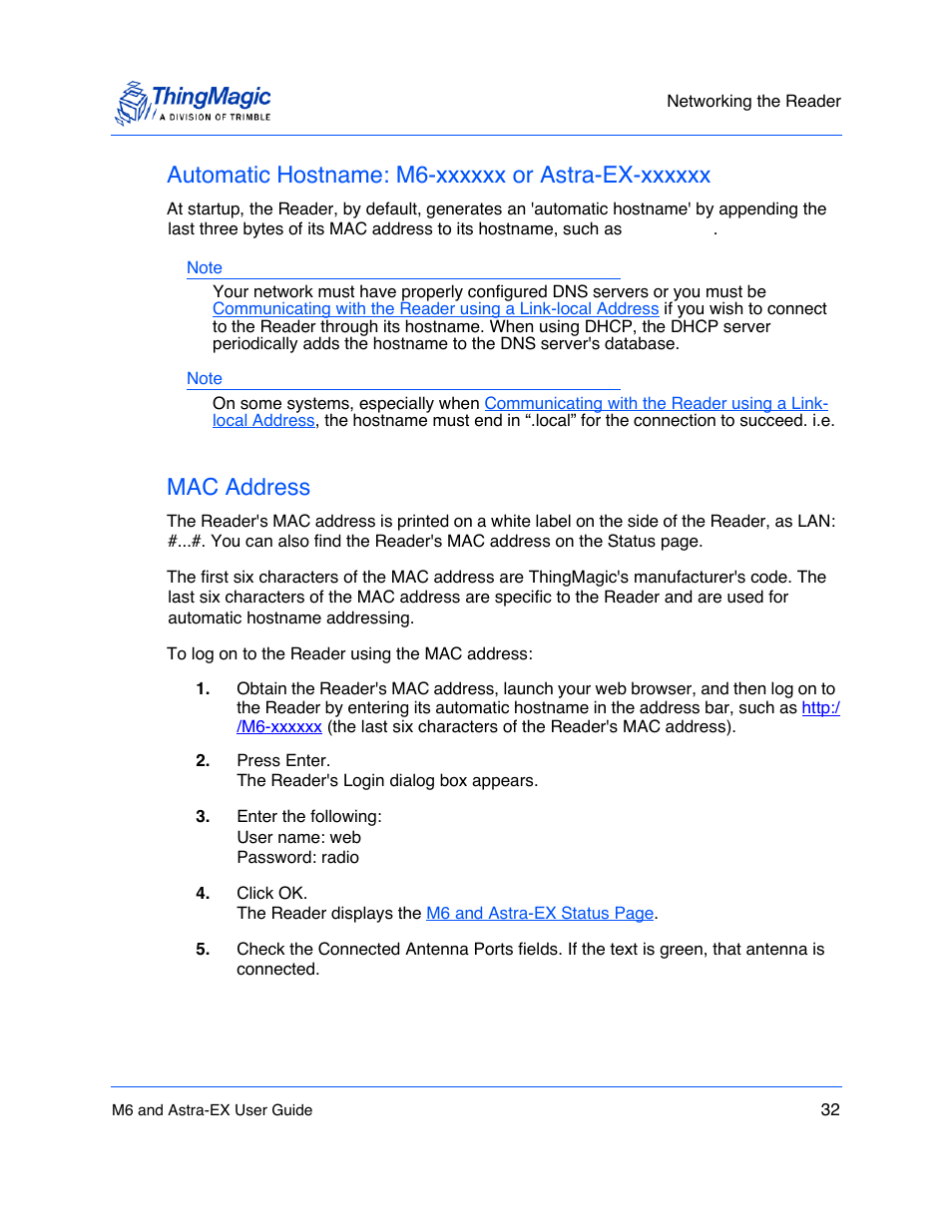 Automatic hostname: m6-xxxxxx or astra-ex-xxxxxx, Mac address, Mac address 32 | In th | ThingMagic Astra-EX User Manual | Page 32 / 90