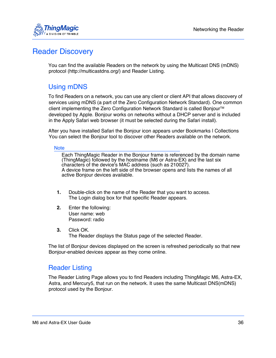 Reader discovery, Using mdns, Reader listing | Reader discovery 36, Using mdns 36, Reader listing 36 | ThingMagic Astra-EX User Manual | Page 36 / 90