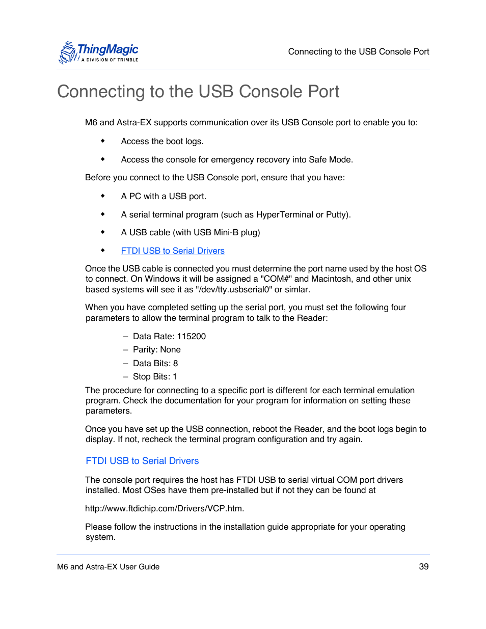 Connecting to the usb console port, Connecting to the usb console port 39 | ThingMagic Astra-EX User Manual | Page 39 / 90