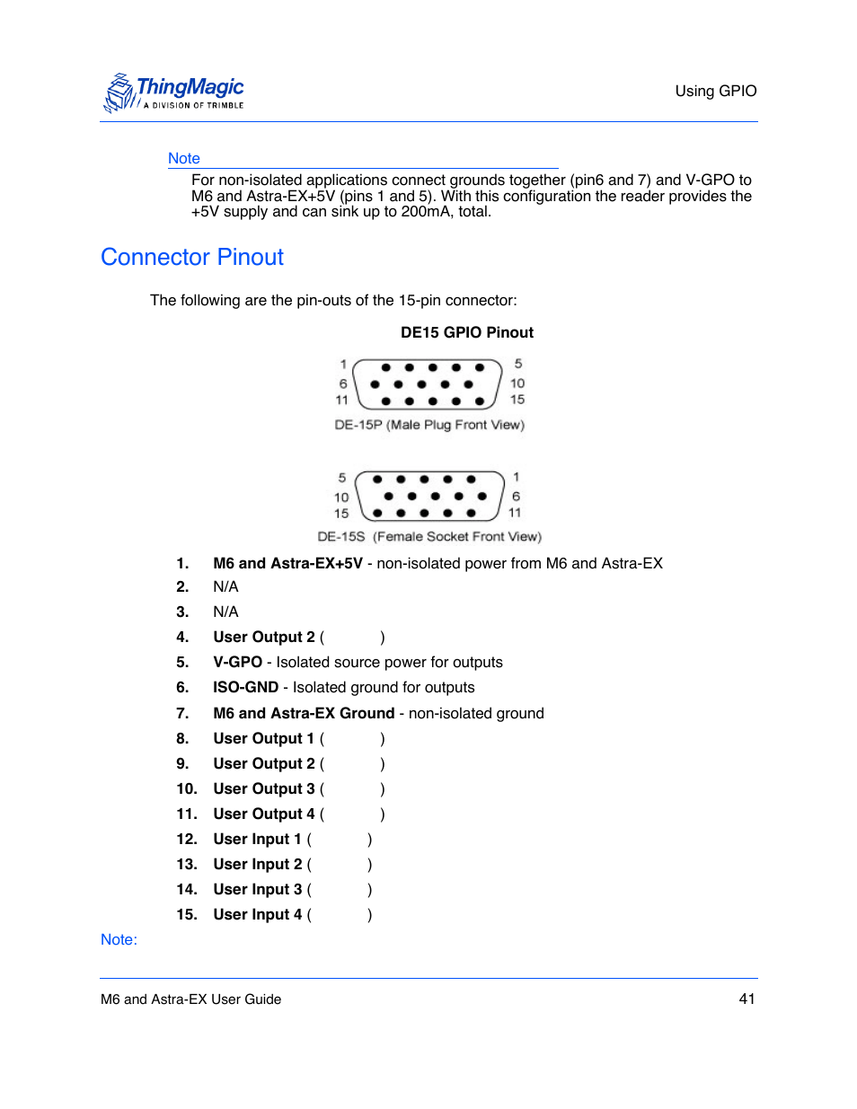 Connector pinout, Connector pinout 41 | ThingMagic Astra-EX User Manual | Page 41 / 90
