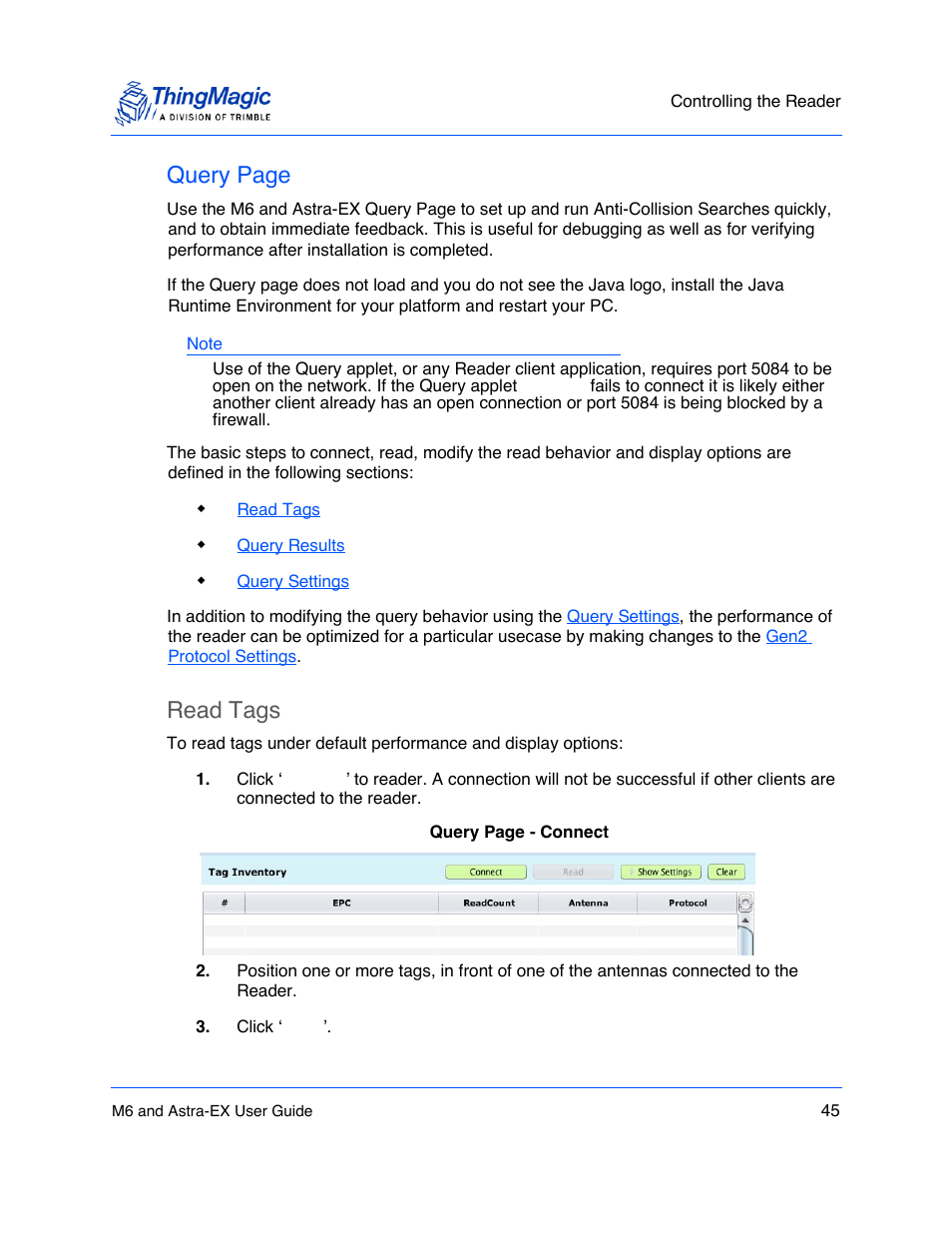 Query page, Read tags | ThingMagic Astra-EX User Manual | Page 45 / 90