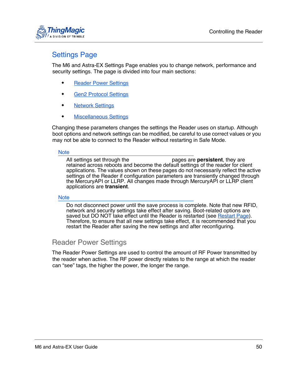 Allows the, Settings page, Reader power settings | ThingMagic Astra-EX User Manual | Page 50 / 90