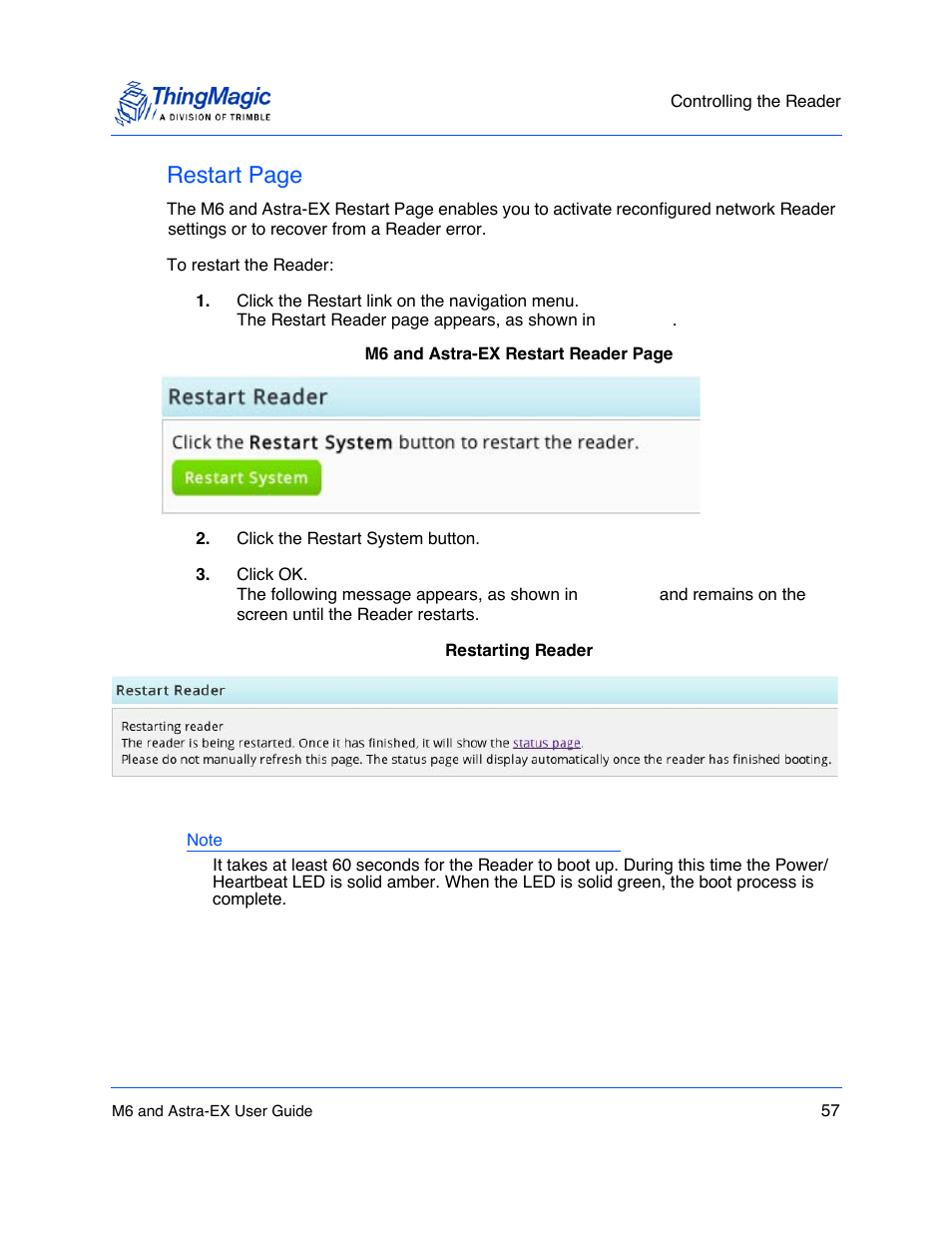 Restart page | ThingMagic Astra-EX User Manual | Page 57 / 90