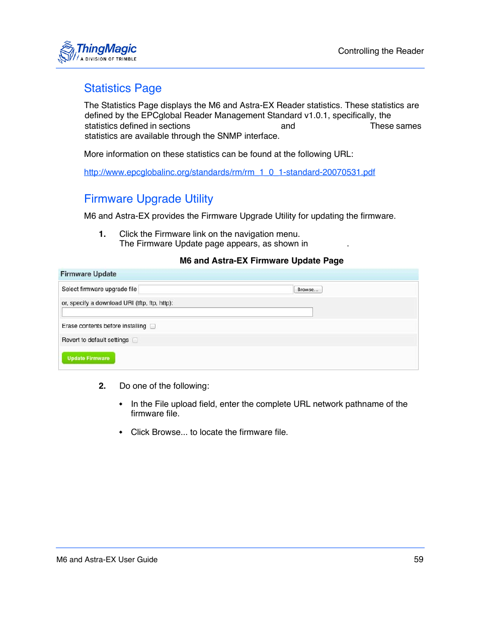 Firmware upgrade utility, Firmware upgrade utility 59, Statistics page | ThingMagic Astra-EX User Manual | Page 59 / 90