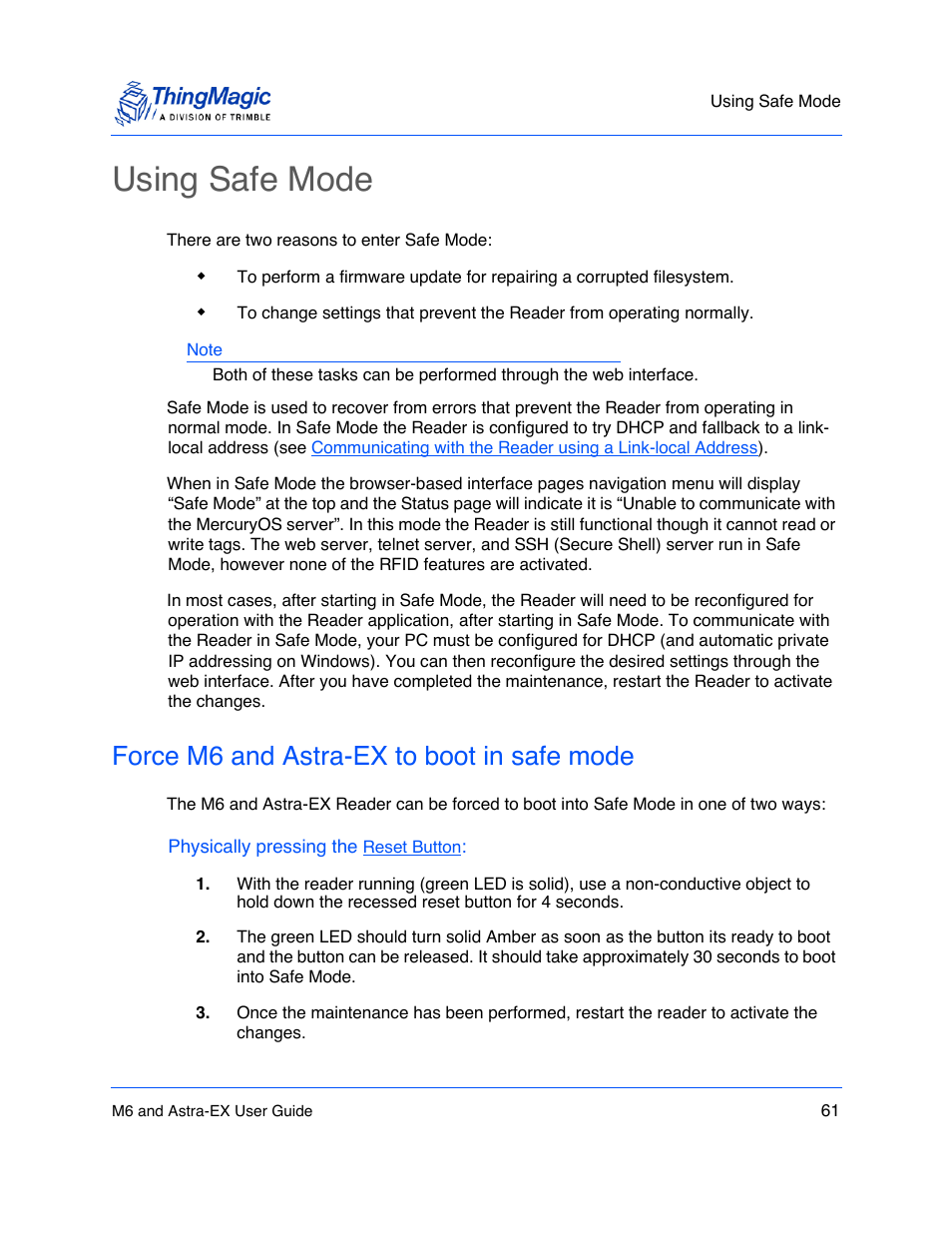 Using safe mode, Force m6 and astra-ex to boot in safe mode, Using safe mode 61 | Force m6 and astra-ex to boot in safe mode 61 | ThingMagic Astra-EX User Manual | Page 61 / 90