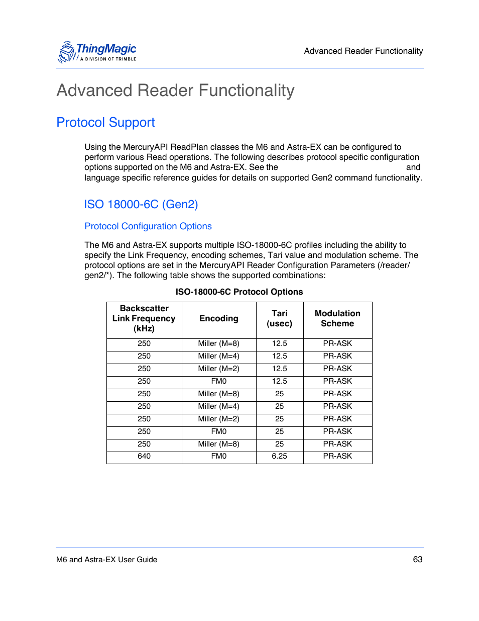 Advanced reader functionality, Protocol support, Iso 18000-6c (gen2) | Advanced reader functionality 63, Protocol support 63, Iso 18000-6c (gen2) 63 | ThingMagic Astra-EX User Manual | Page 63 / 90