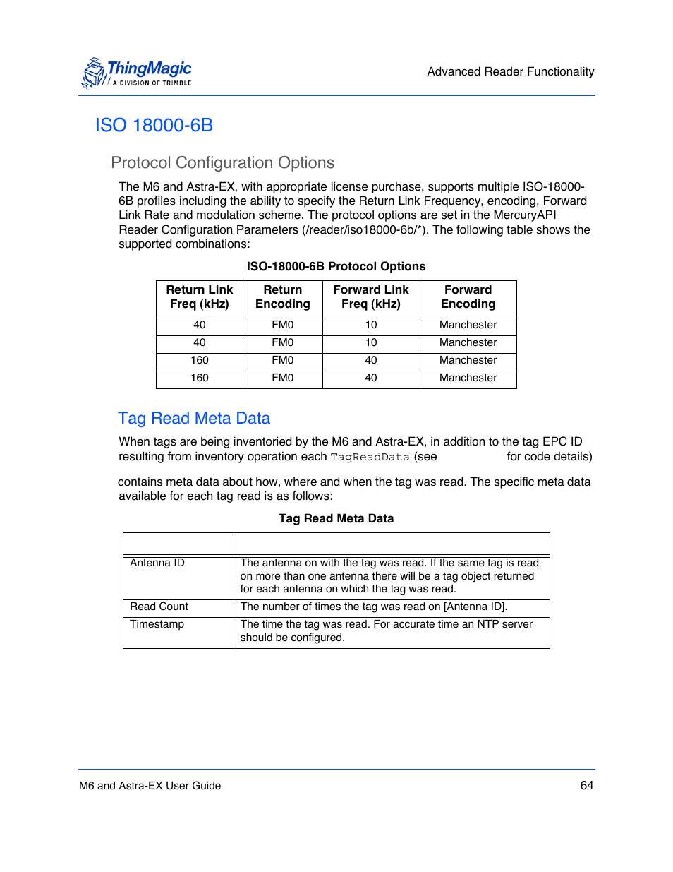 Iso 18000-6b, Protocol configuration options, Tag read meta data | Iso 18000-6b 64, Protocol configuration options 64, Tag read meta data 64 | ThingMagic Astra-EX User Manual | Page 64 / 90