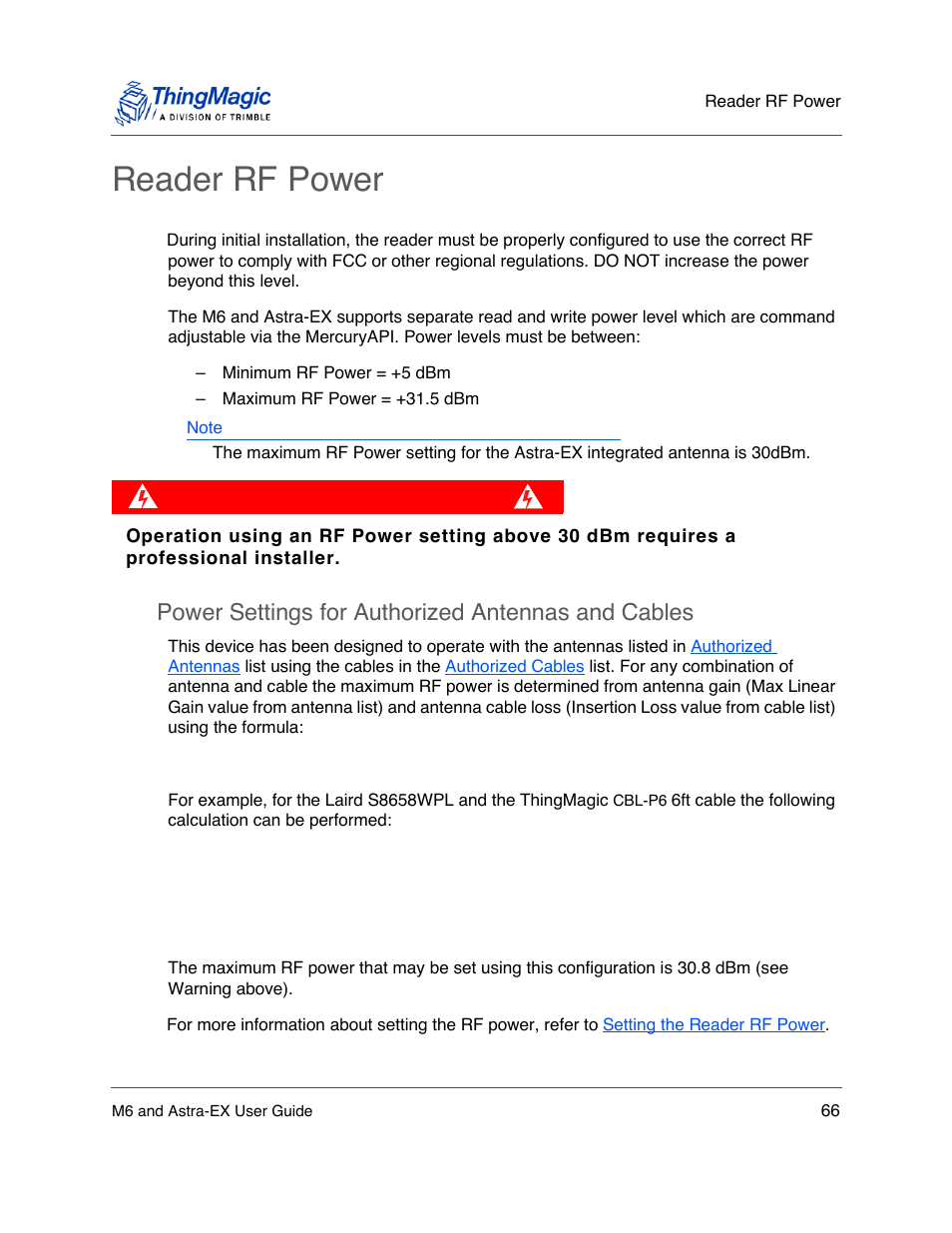 Reader rf power, Power settings for authorized antennas and cables, Reader rf power 66 | ThingMagic Astra-EX User Manual | Page 66 / 90
