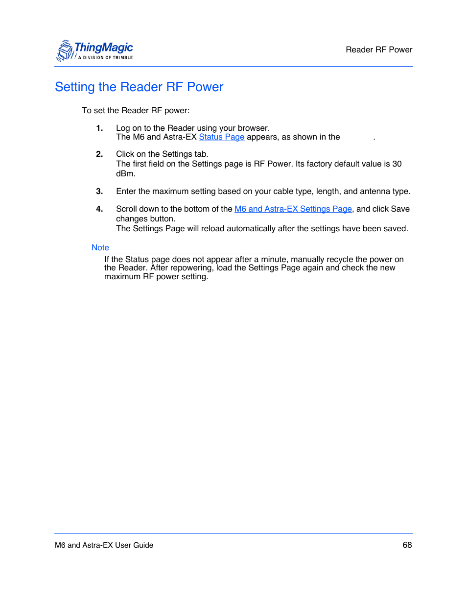 Setting the reader rf power, Setting the reader rf power 68 | ThingMagic Astra-EX User Manual | Page 68 / 90