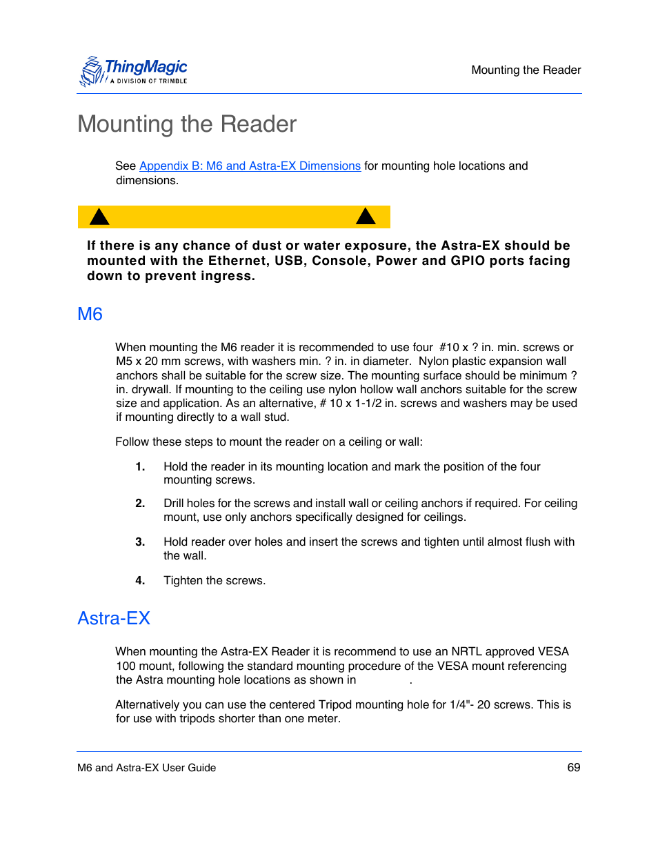 Mounting the reader, Astra-ex, Mounting the reader 69 | M6 69, Astra-ex 69 | ThingMagic Astra-EX User Manual | Page 69 / 90