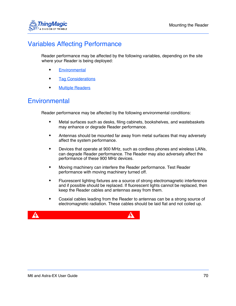 Variables affecting performance, Environmental, Variables affecting performance 70 | Environmental 70 | ThingMagic Astra-EX User Manual | Page 70 / 90