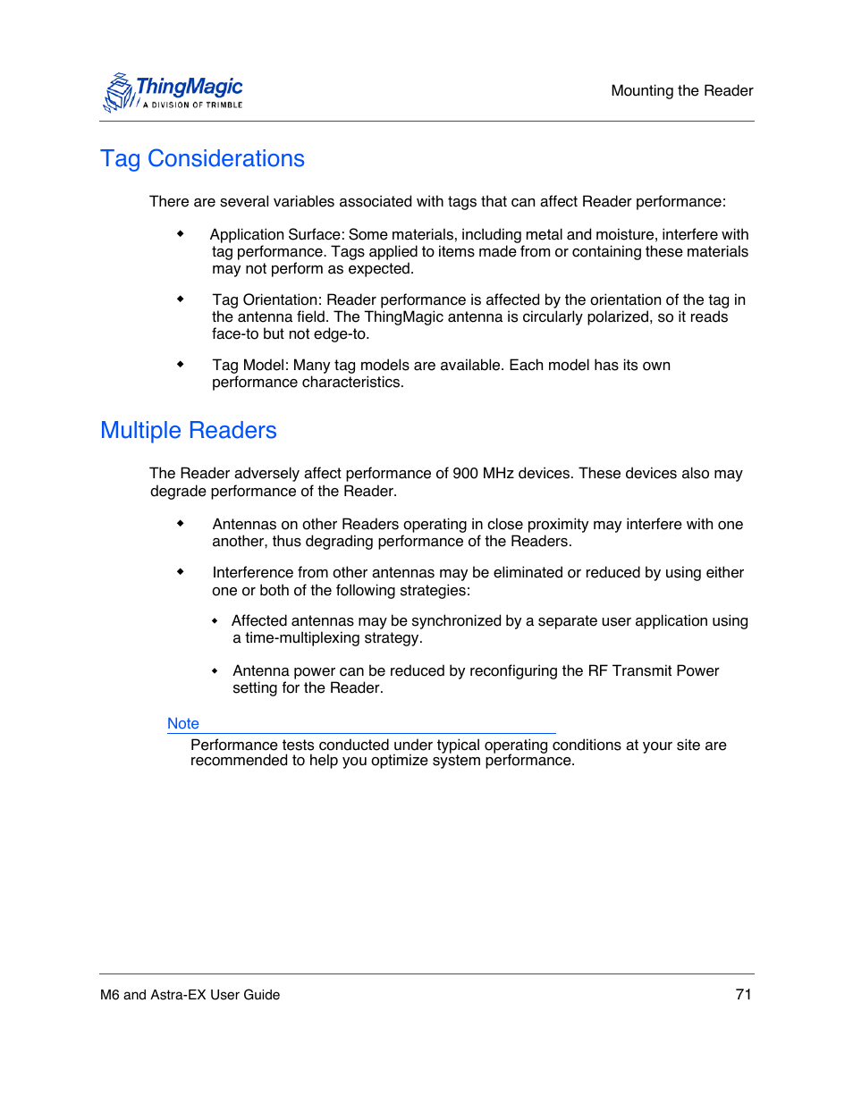Tag considerations, Multiple readers, Tag considerations 71 | Multiple readers 71 | ThingMagic Astra-EX User Manual | Page 71 / 90
