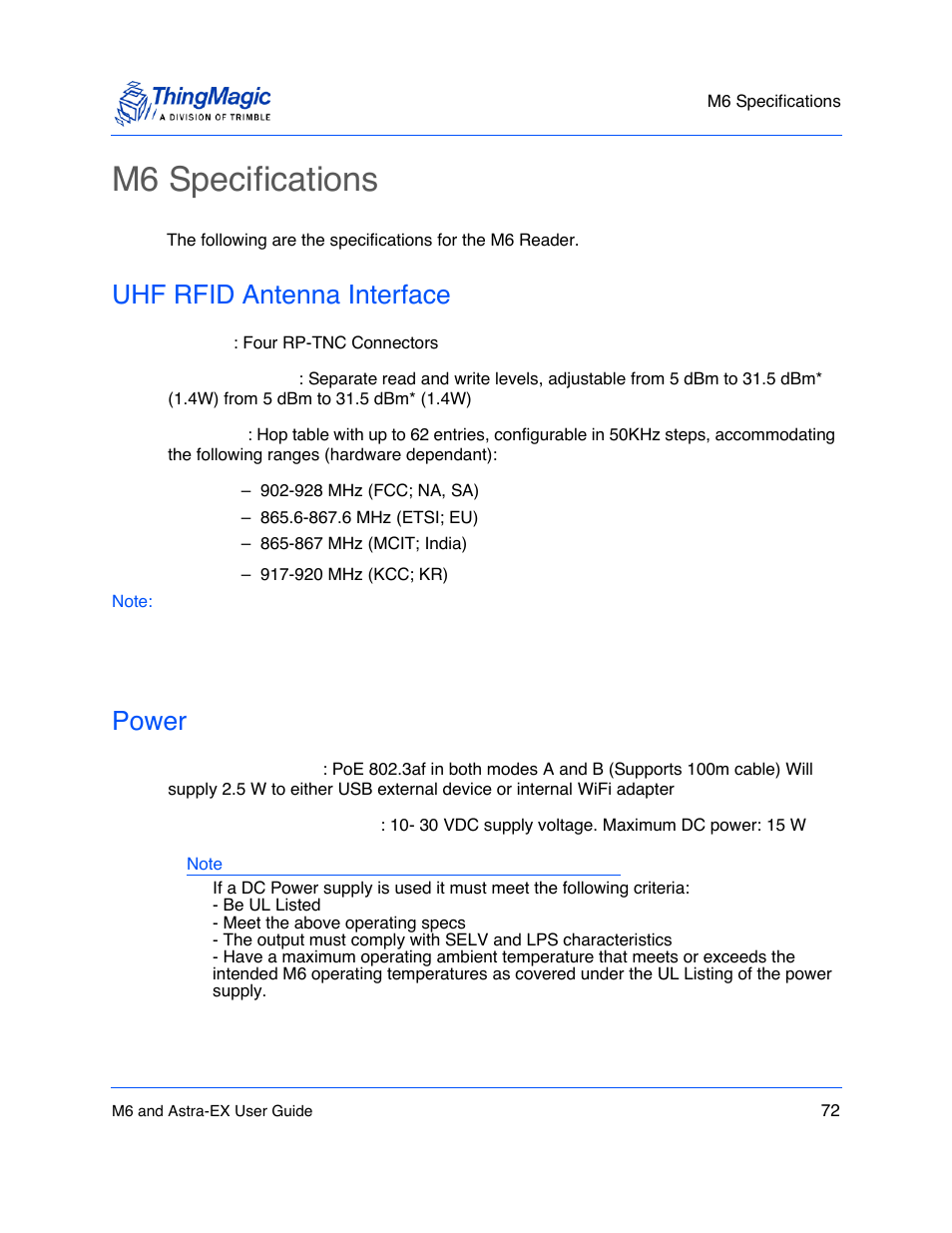 M6 specifications, Uhf rfid antenna interface, Power | M6 specifications 72, Uhf rfid antenna interface 72, Power 72 | ThingMagic Astra-EX User Manual | Page 72 / 90