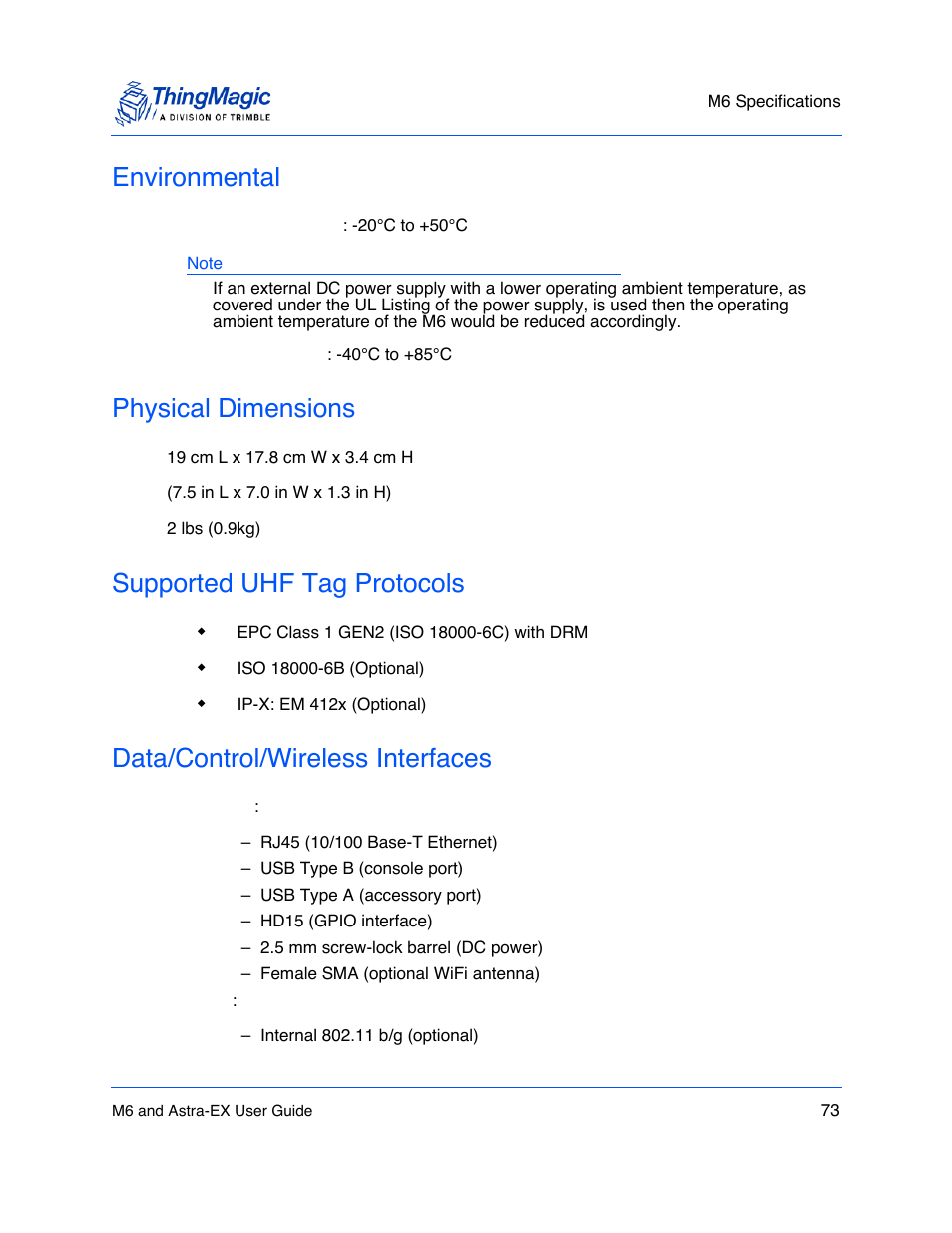 Environmental, Physical dimensions, Supported uhf tag protocols | Data/control/wireless interfaces, Environmental 73, Physical dimensions 73, Supported uhf tag protocols 73, Data/control/wireless interfaces 73 | ThingMagic Astra-EX User Manual | Page 73 / 90