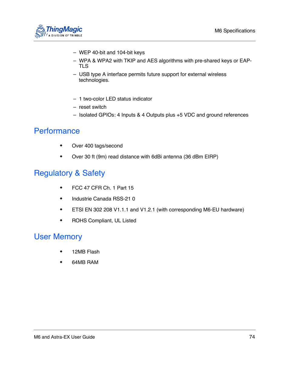 Performance, Regulatory & safety, User memory | Performance 74, Regulatory & safety 74, User memory 74 | ThingMagic Astra-EX User Manual | Page 74 / 90