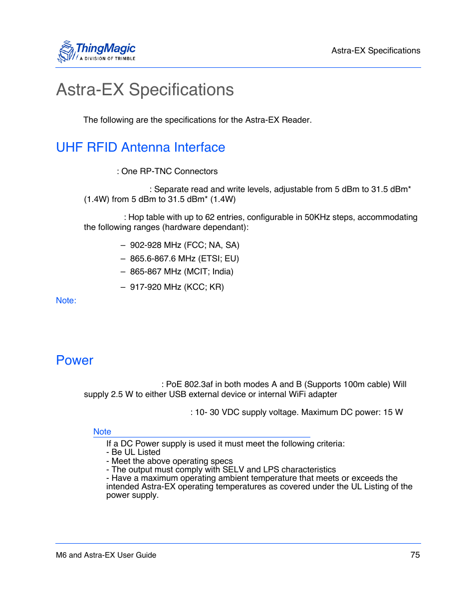 Astra-ex specifications, Uhf rfid antenna interface, Power | Astra-ex specifications 75, Uhf rfid antenna interface 75, Power 75 | ThingMagic Astra-EX User Manual | Page 75 / 90