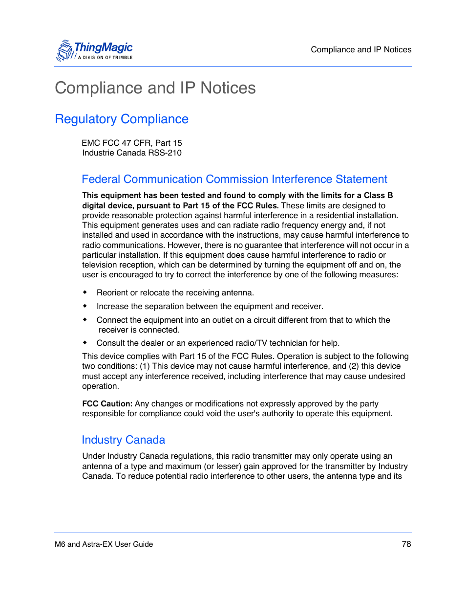 Compliance and ip notices, Regulatory compliance, Industry canada | Compliance and ip notices 78, Regulatory compliance 78, Industry canada 78 | ThingMagic Astra-EX User Manual | Page 78 / 90