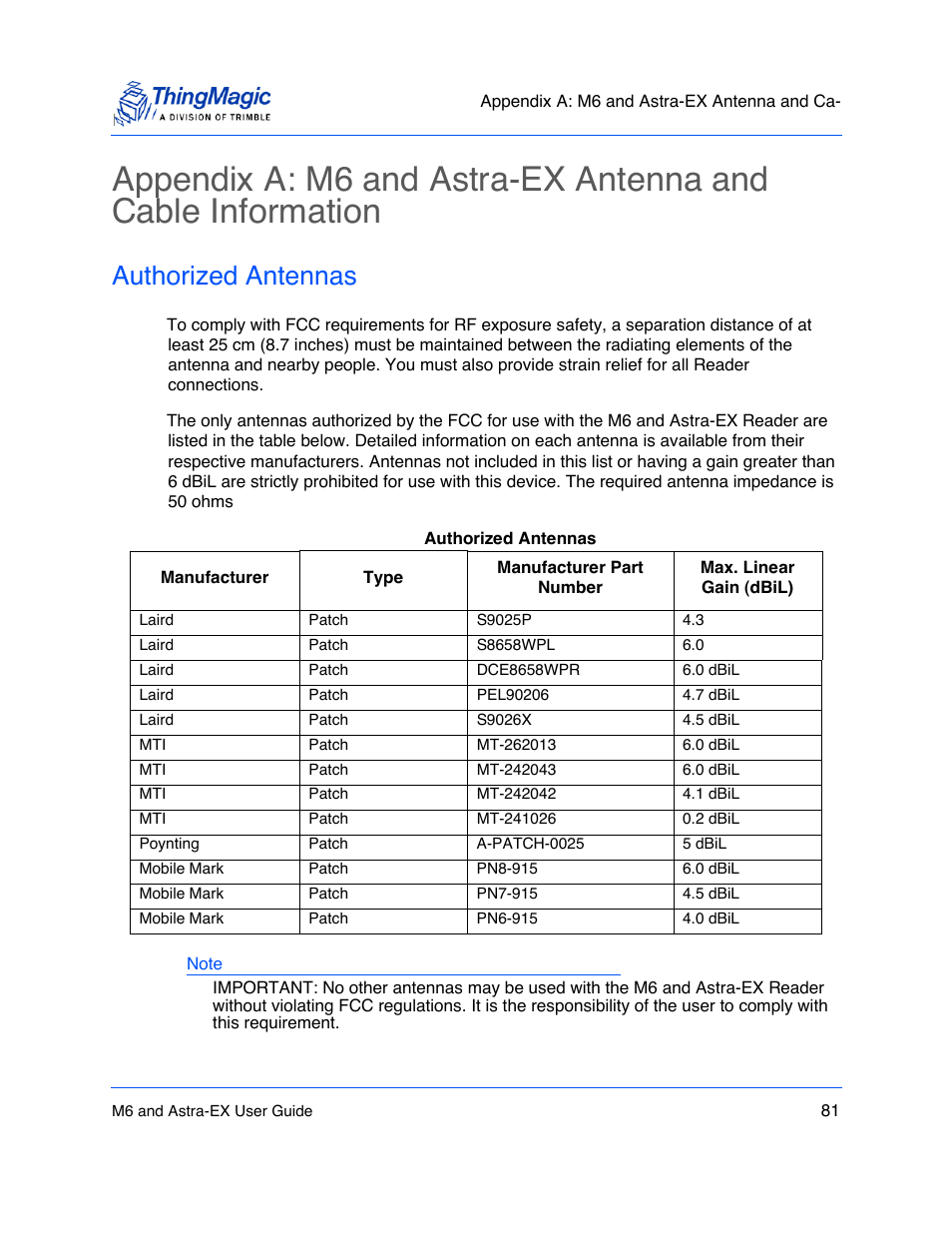 Authorized antennas, Authorized antennas 81, Appendix a: m6 and astra-ex | Antenna and cable information, Authorized, Antennas, List u, Ed in | ThingMagic Astra-EX User Manual | Page 81 / 90