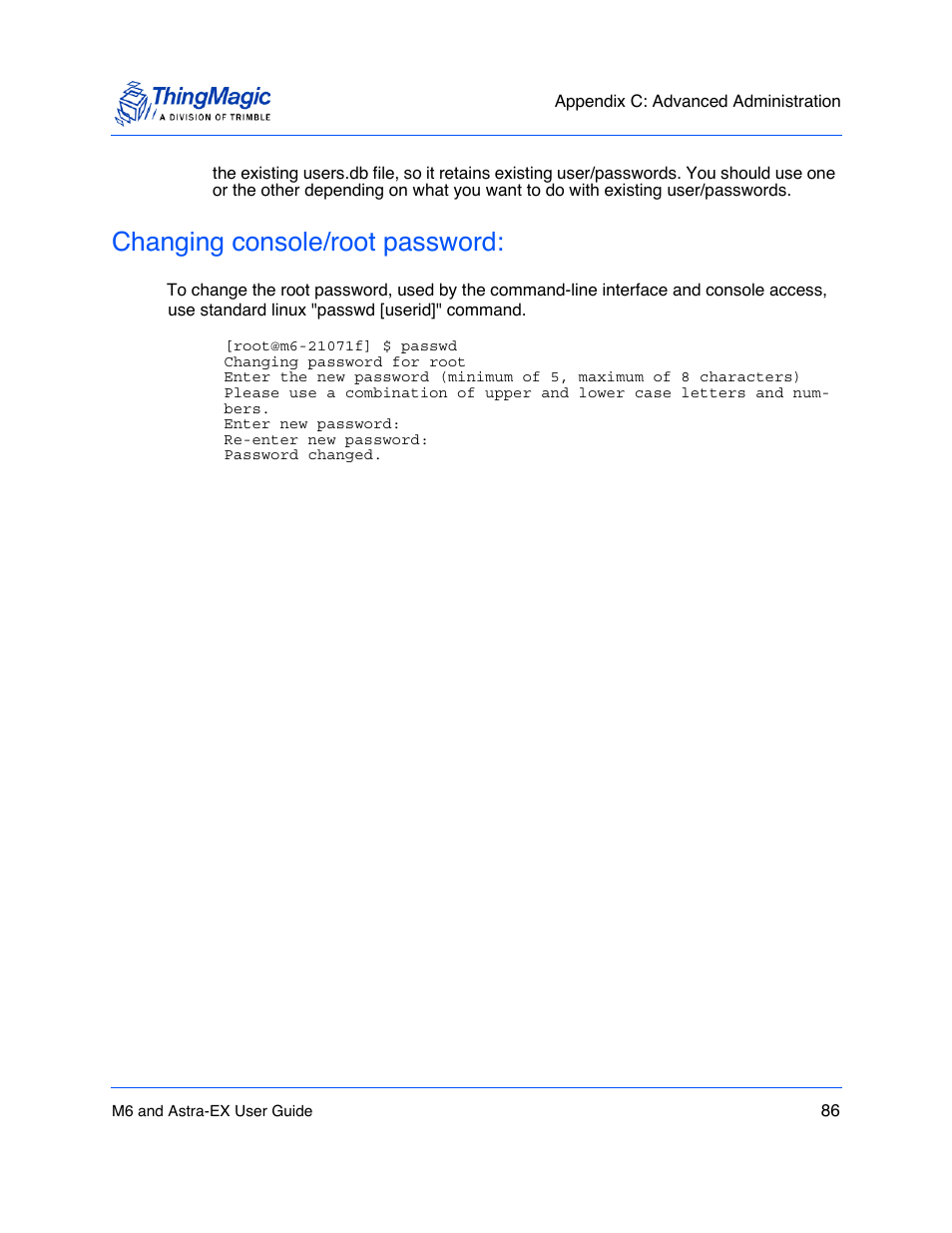 Changing console/root password, Changing console/root password: 86 | ThingMagic Astra-EX User Manual | Page 86 / 90