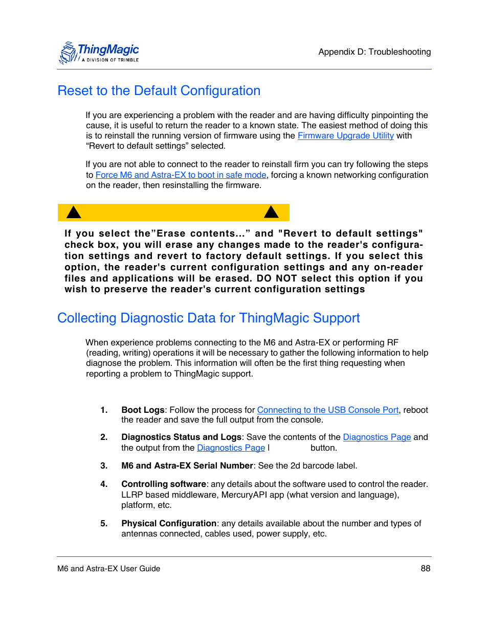 Reset to the default configuration, Collecting diagnostic data for thingmagic support, Reset to the default configuration 88 | ThingMagic Astra-EX User Manual | Page 88 / 90