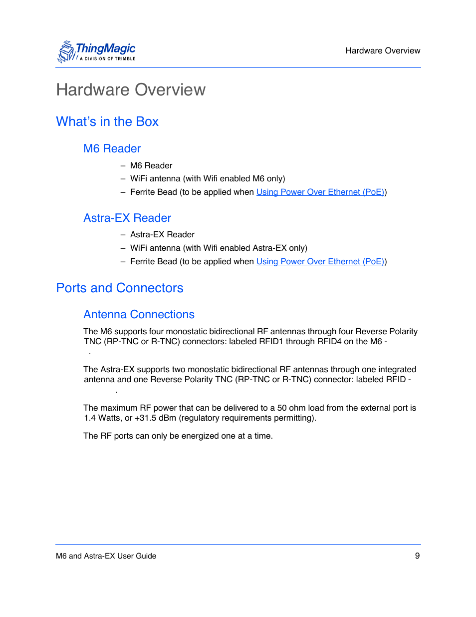 Hardware overview, What’s in the box, M6 reader | Astra-ex reader, Ports and connectors, Antenna connections, Hardware overview 9, What’s in the box 9, M6 reader 9, Astra-ex reader 9 | ThingMagic Astra-EX User Manual | Page 9 / 90