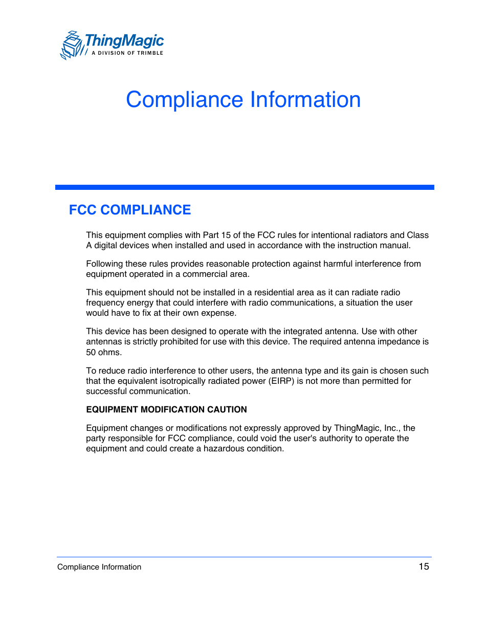 Compliance information, Fcc compliance | ThingMagic USB Plus+ RFID Reader User Manual | Page 15 / 16
