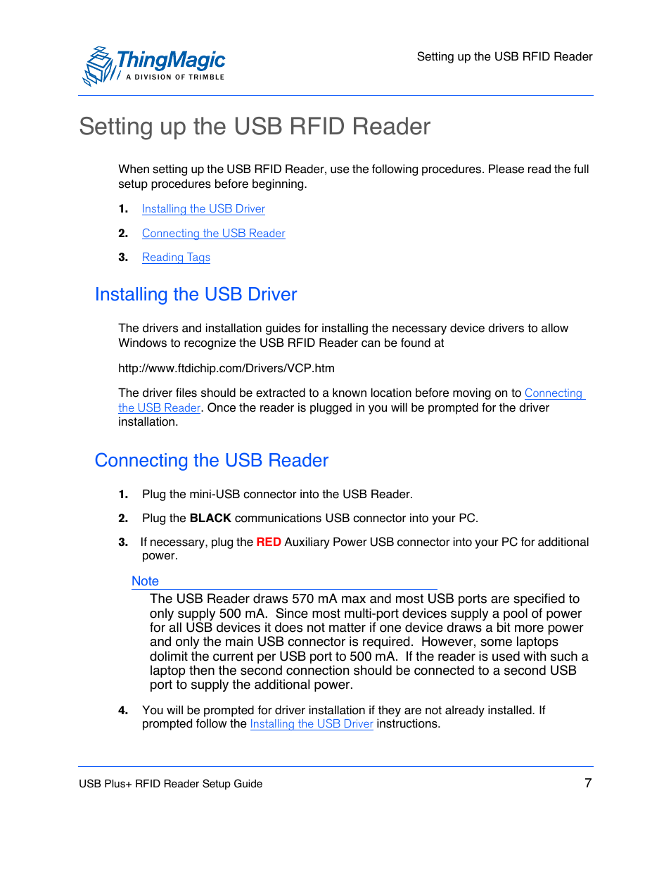 Setting up the usb rfid reader, Installing the usb driver, Connecting the usb reader | ThingMagic USB Plus+ RFID Reader User Manual | Page 7 / 16