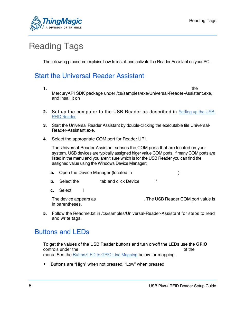 Reading tags, Start the universal reader assistant, Buttons and leds | ThingMagic USB Plus+ RFID Reader User Manual | Page 8 / 16