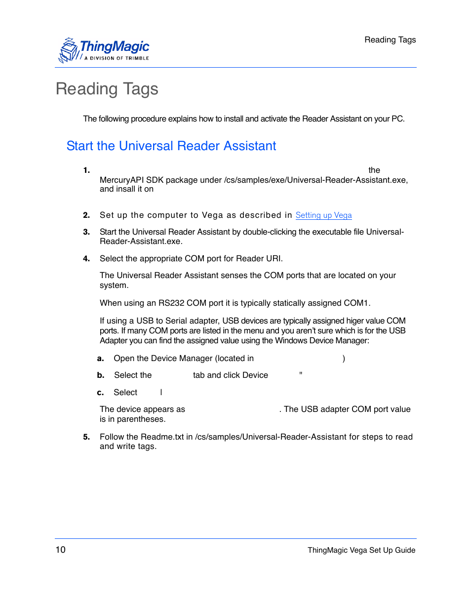 Reading tags, Start the universal reader assistant | ThingMagic Vega User Manual | Page 10 / 20