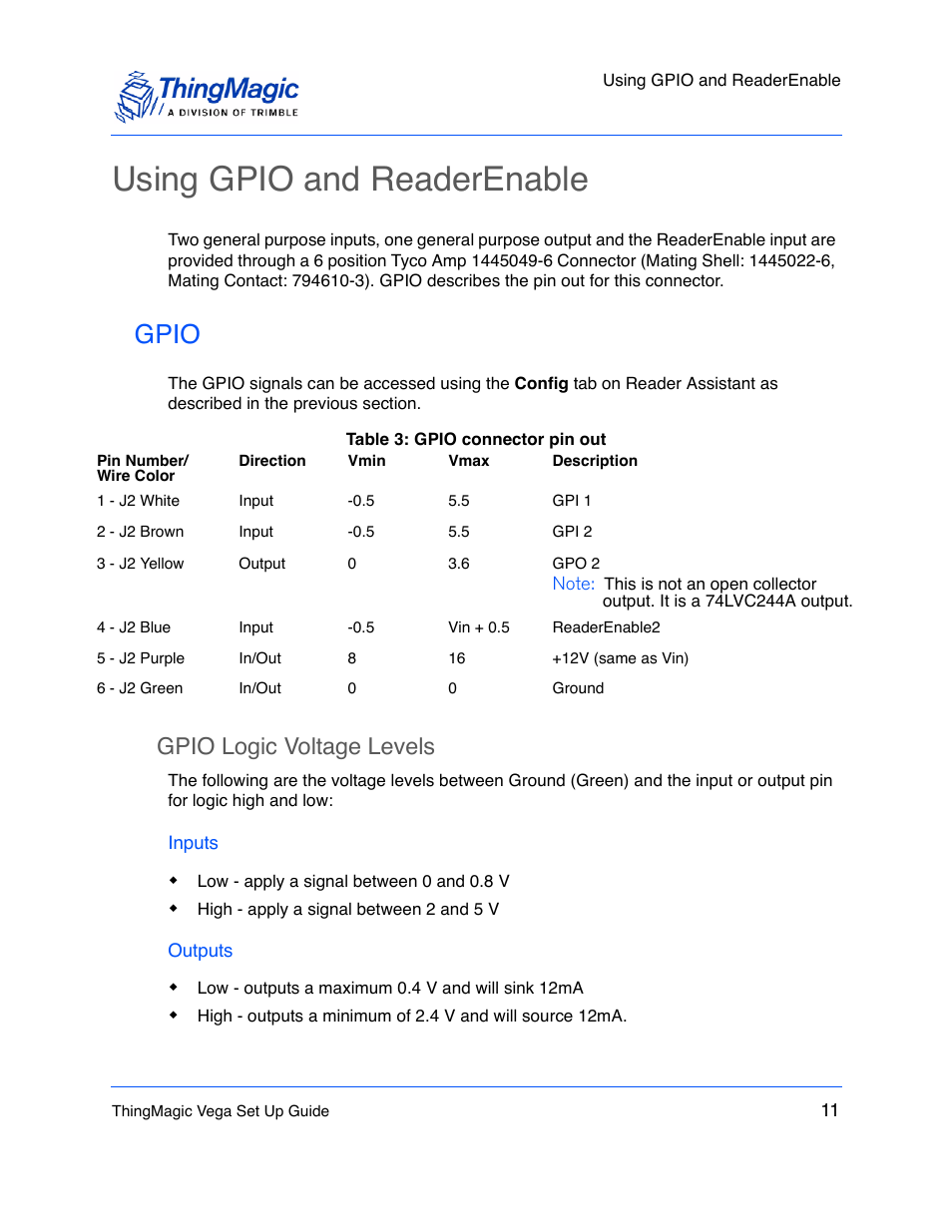 Using gpio and readerenable, Gpio, Gpio logic voltage levels | Inputs, Outputs, Belo | ThingMagic Vega User Manual | Page 11 / 20