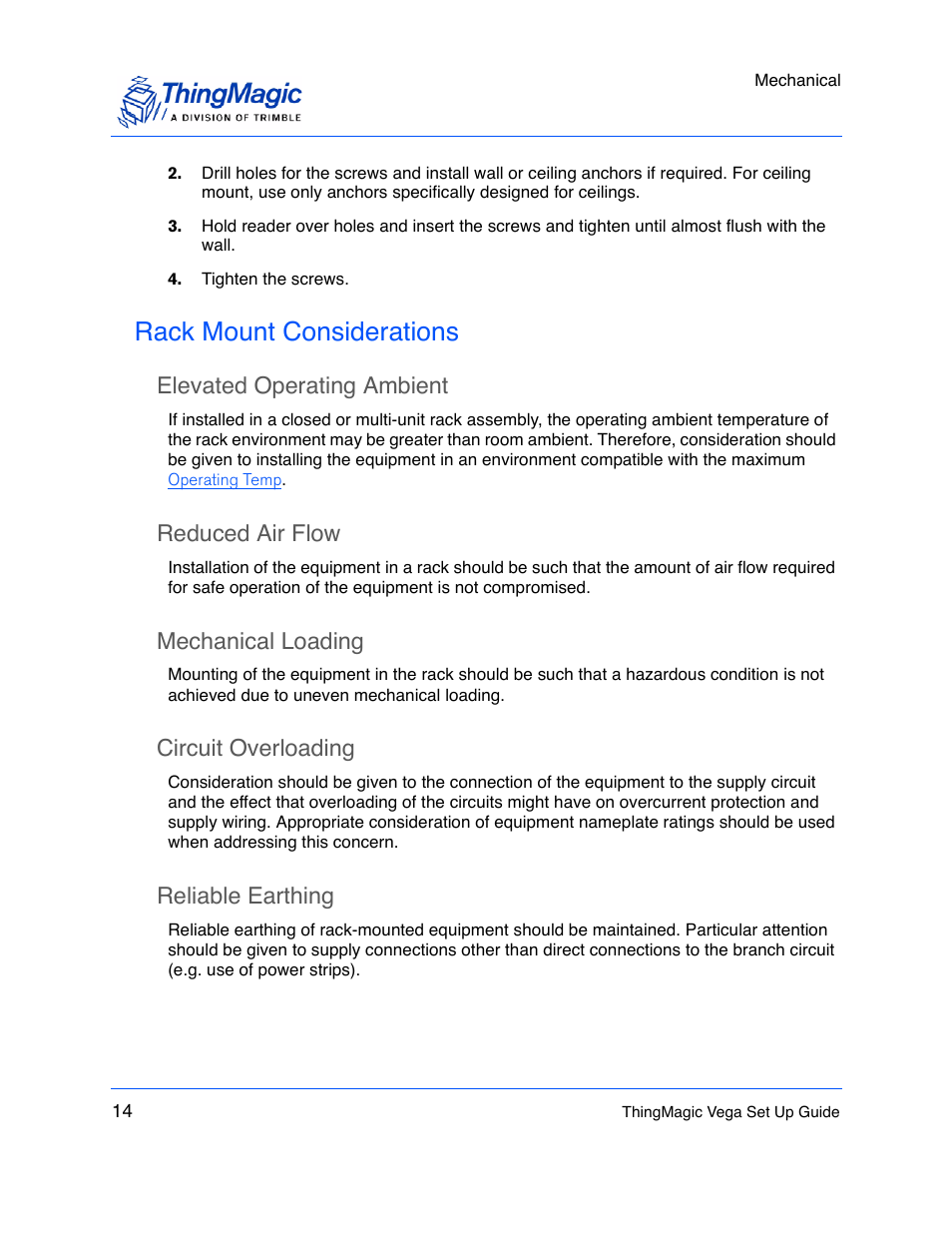 Rack mount considerations, Elevated operating ambient, Reduced air flow | Mechanical loading, Circuit overloading, Reliable earthing | ThingMagic Vega User Manual | Page 14 / 20